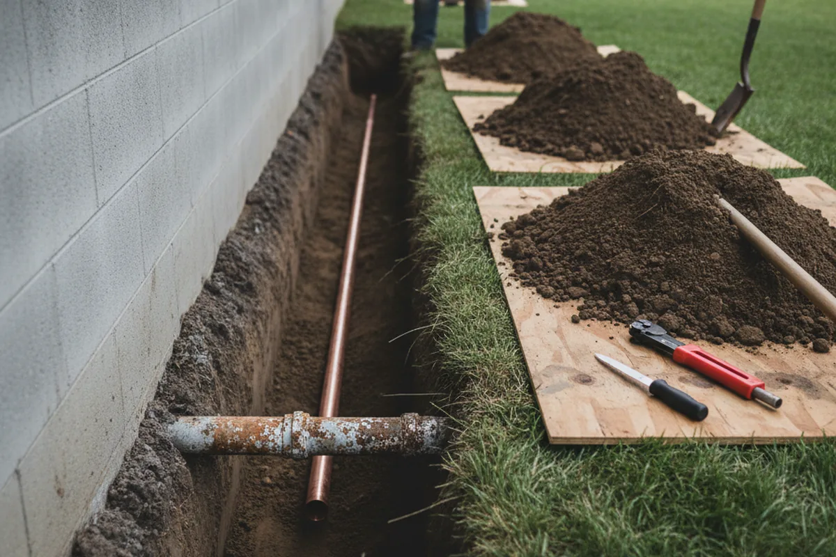 Excavated water line trench during Water Softener Installation in Tyrone